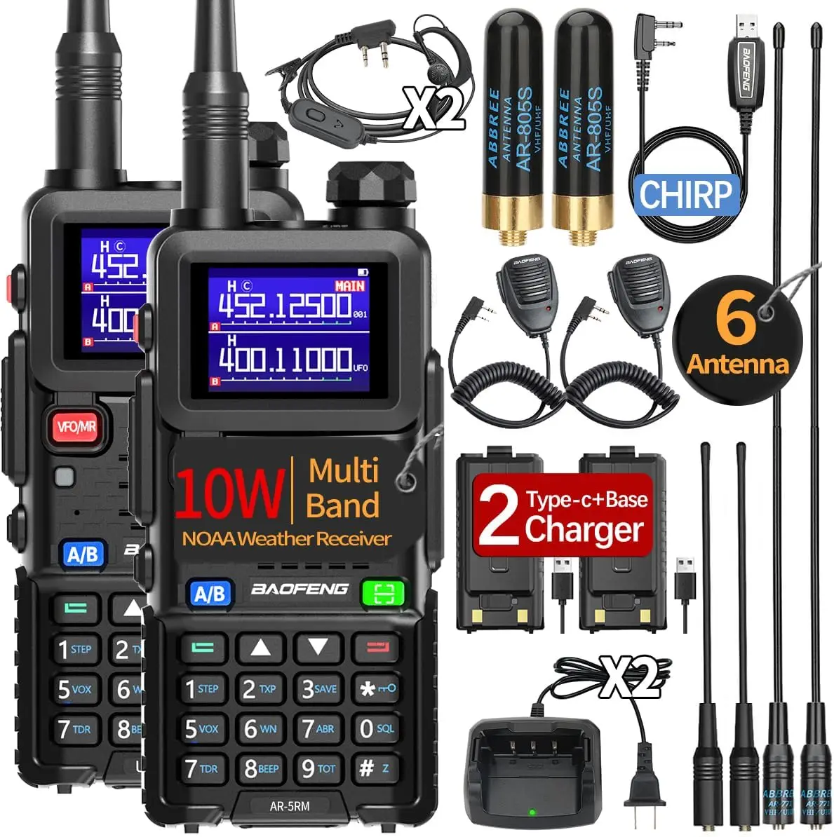 

10W Long Range Handheld Two Way Radio with NOAA Emergency, USB-C Charging for Survival Hunting Camping, 2 Pack
