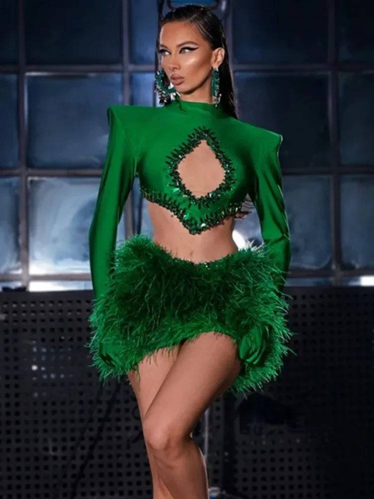 

Women Green Bandage Outfits Long Sleeve Crop Tops and High Waist Furry Mini Skirt Two Piece Sets Evening Club Party Outfits