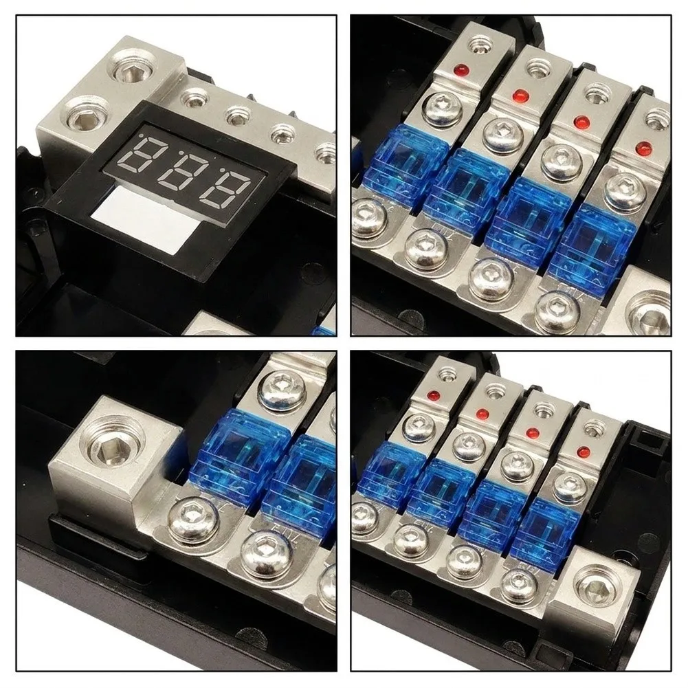 High-Current 4-Way Car Audio Distribution Terminal with Digital Voltage Display and Conversion Sleeves for 4GA 8GA