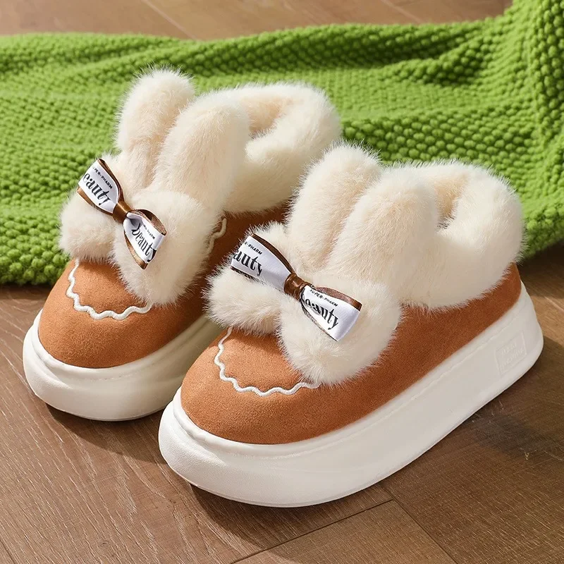 Winter Faux Suède Katoenen Slippers Voor Dames Winter Thuis Konijn Strik Katoenen Slippers Voor Warmte, Nieuwe Dikke Zolen Prinses Stijl