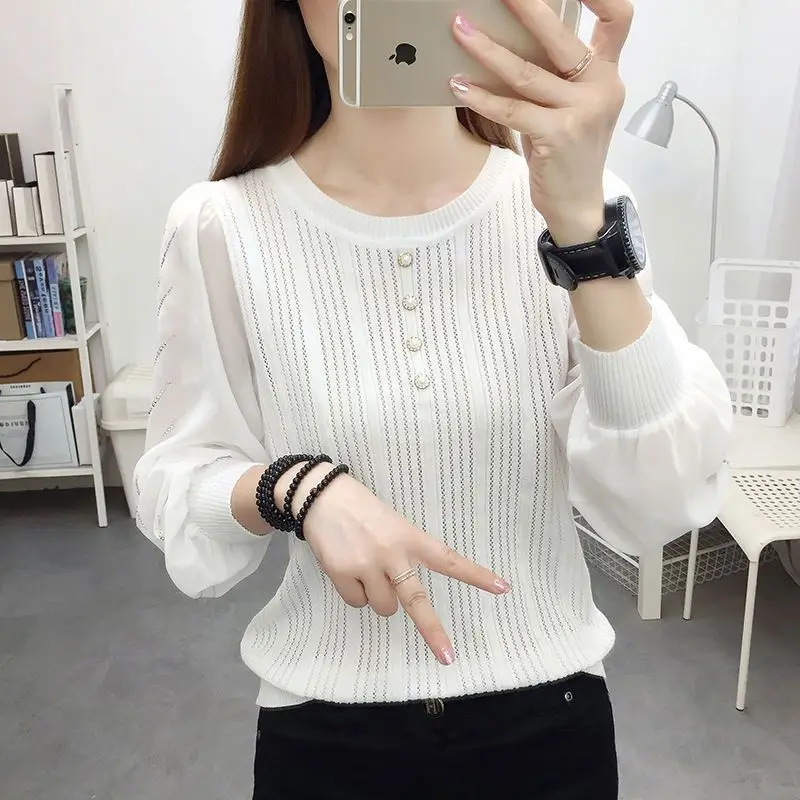 Fashion Chiffon Knitted Patchwork Pullovers Female Clothing Casual O-Neck Spring Autumn Long Sleeve Fashion Pearl Button T-shirt