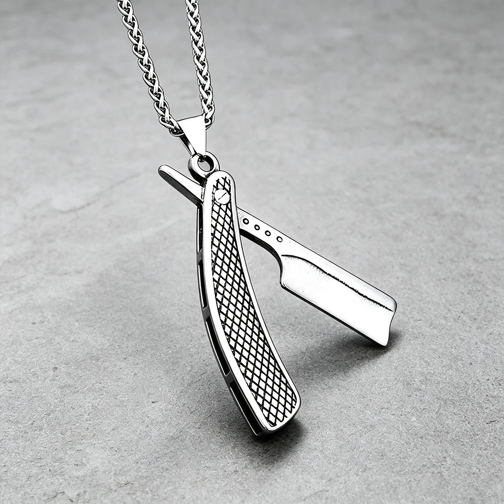Sliding Barber Razor Pendant Necklace Unisex Vintage Hairdresser Memorial Talisman Stainless Steel Jewelry Gift Dropshipping