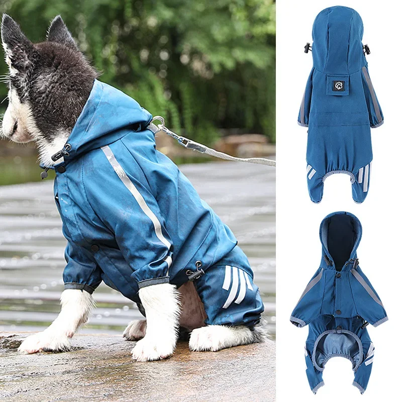 Waterproof Dog Raincoat with Hood Puppies Waterproof Pet Poncho with Reflective Strap Light Weight Dog Jacket with Leash Hole