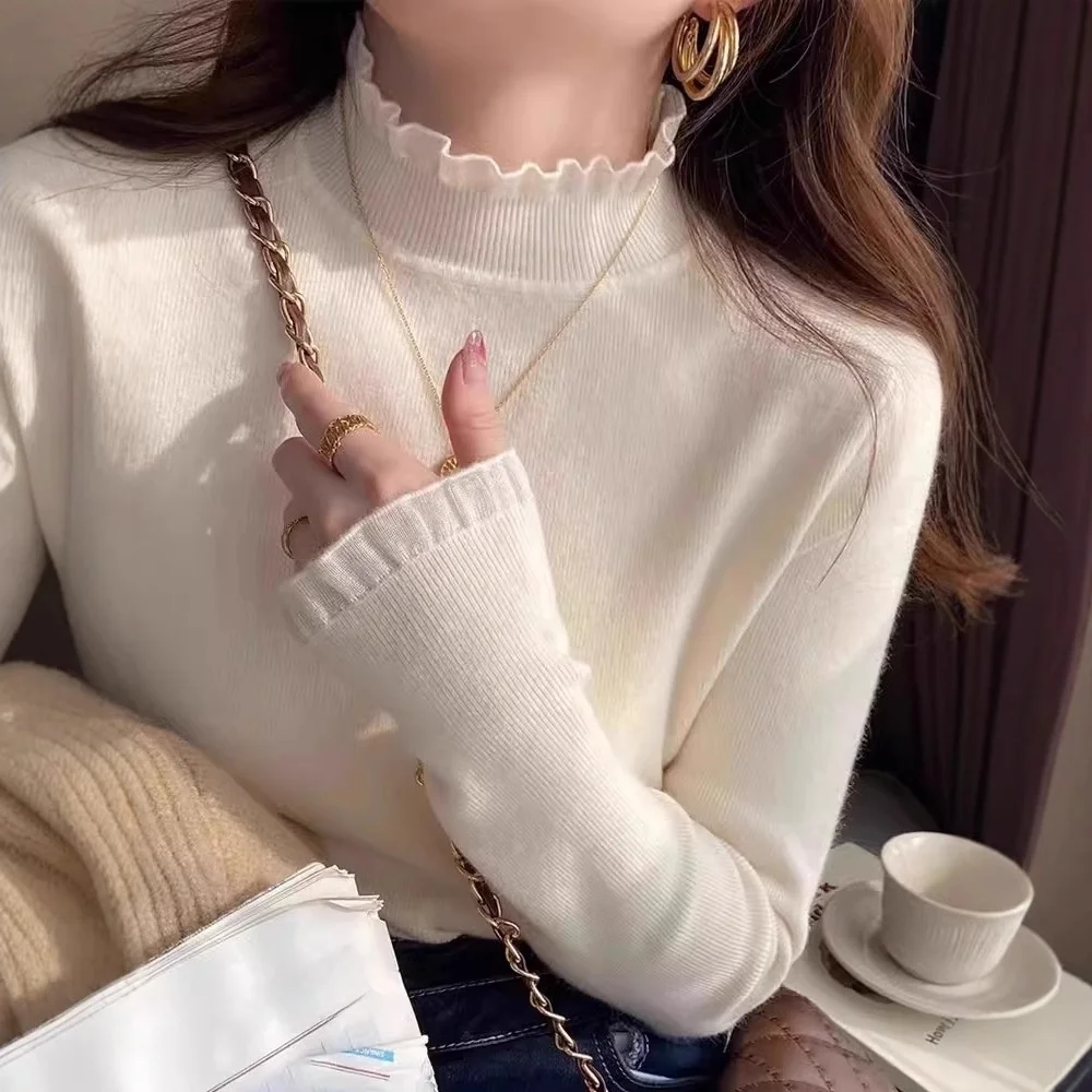 Women's f High Collar Knitted Lace Base irt Autumn Winter Faionable Inner Wear White Top 2025 New Sle Polyester Fiber