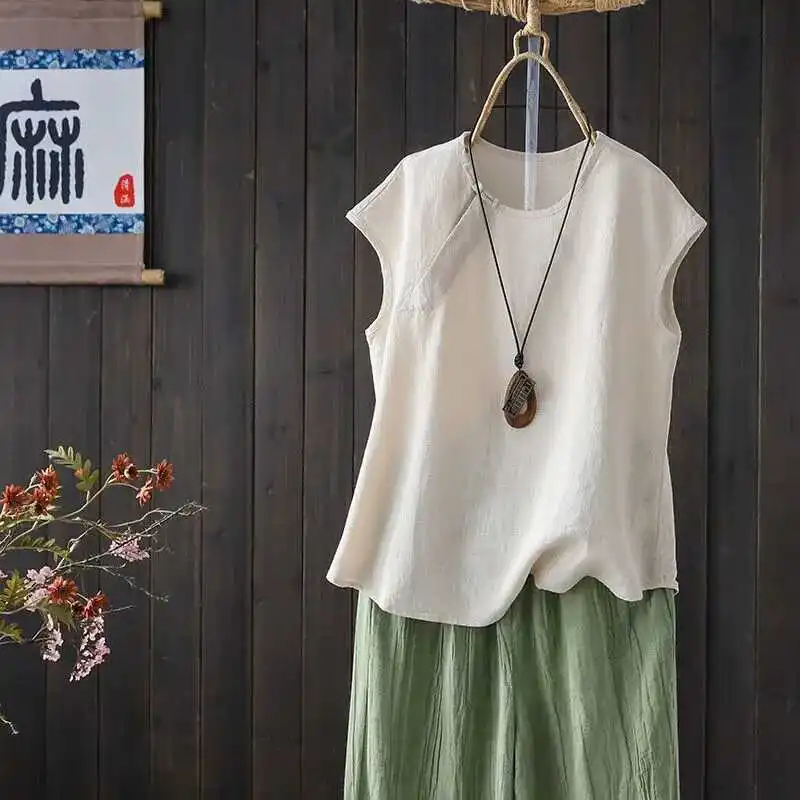 الكتان القطن بلا أكمام تي شيرت المرأة الصيف فضفاضة عادية خمر الصينية زر القمم للسيدات TS-880