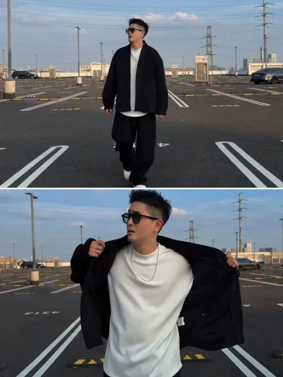 Fall 2026 Men's Casual Sportswear Set Simple Loose Shoulder Style Two-Piece Suit V-Neck Long Sleeve Polyester Fiber Wear Resi...
