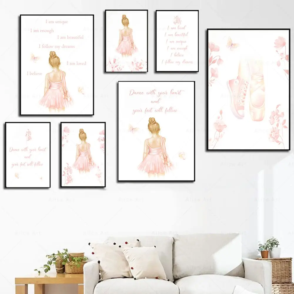 Watercolor Ballet Flower Wall Art Canvas Painting Girl Inspired Quote Print Motivational Poster Pictures Girl Room Nursery Decor