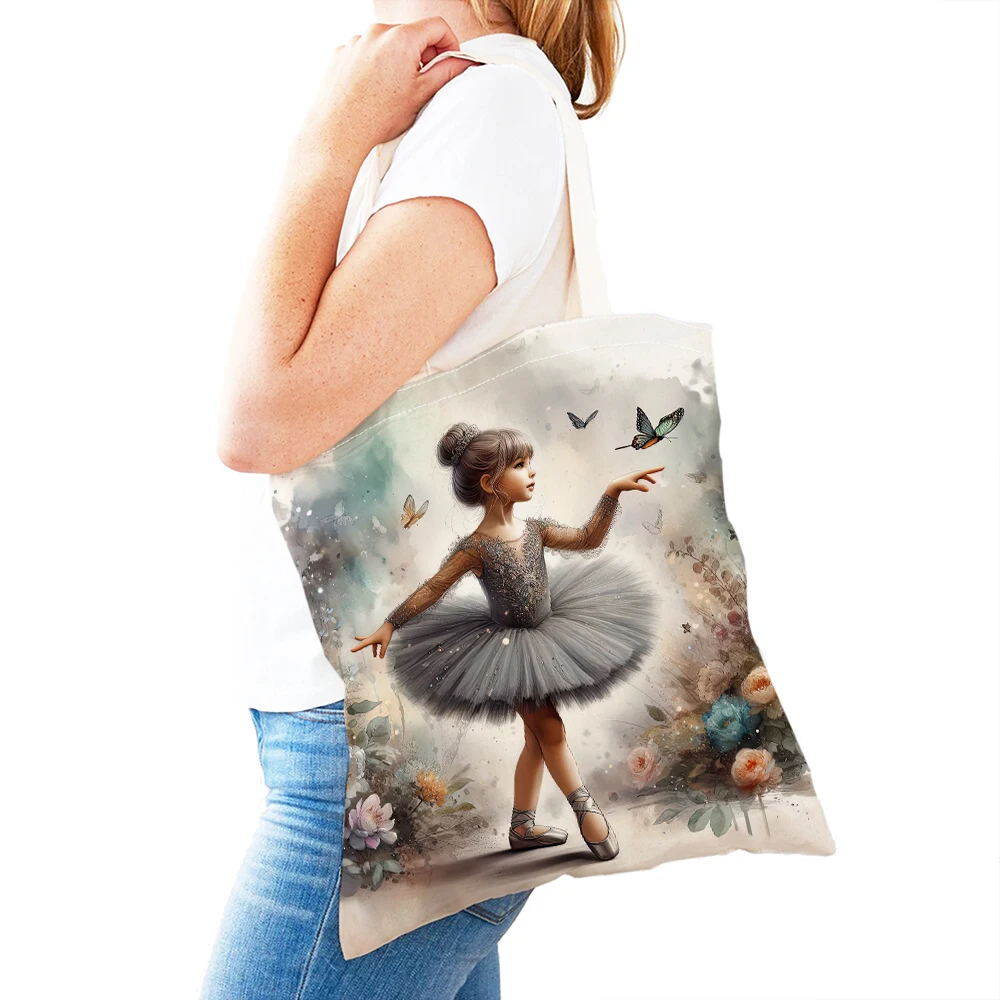 Cartoon Ballet Girl Supermarket Shopper Bag Cute Children Double Print Vintage Lady Tote Handbag Casual Women Shopping Bags