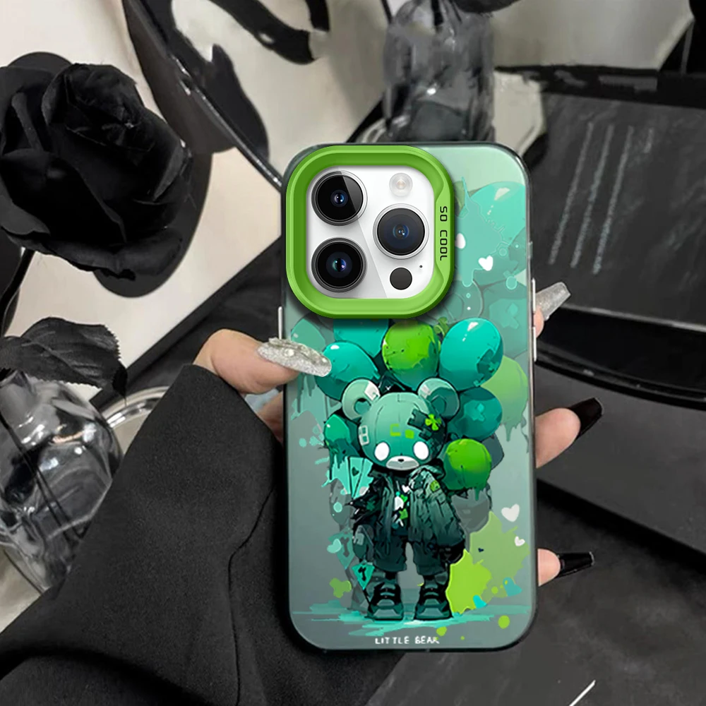 Sad Green Balloon Bear Phone Case For iPhone 11 12 13 14 15 16 Pro Max Plus Magesafe Magnetic Transparent Charge Soft Shell