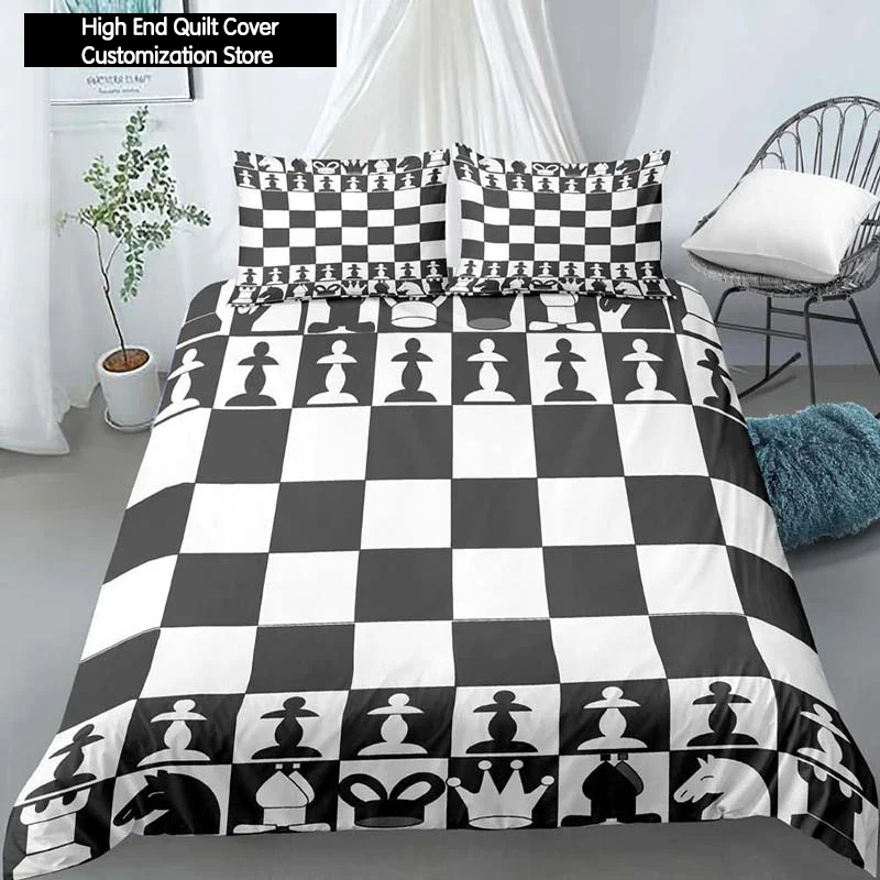 International Chess King Queen Duvet Cover Chess Board Bedding Set Black White Grid Quilt Cover Plaid Polyester Comforter Cover