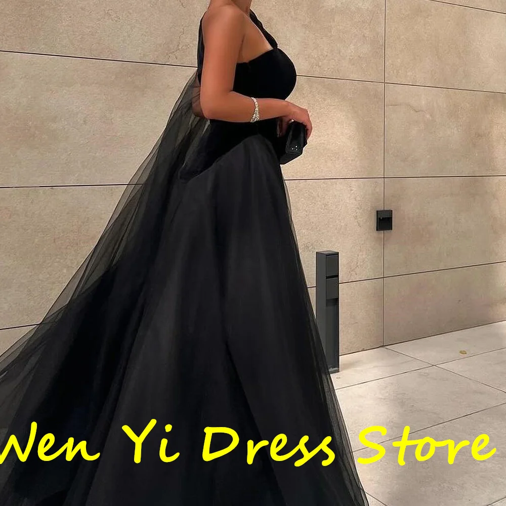 One Shoulder Sleeveless Straight Pleats Floor Length Sweep Train Black Shawl Elegant Party Dresses Woman Special Occasion Gowns