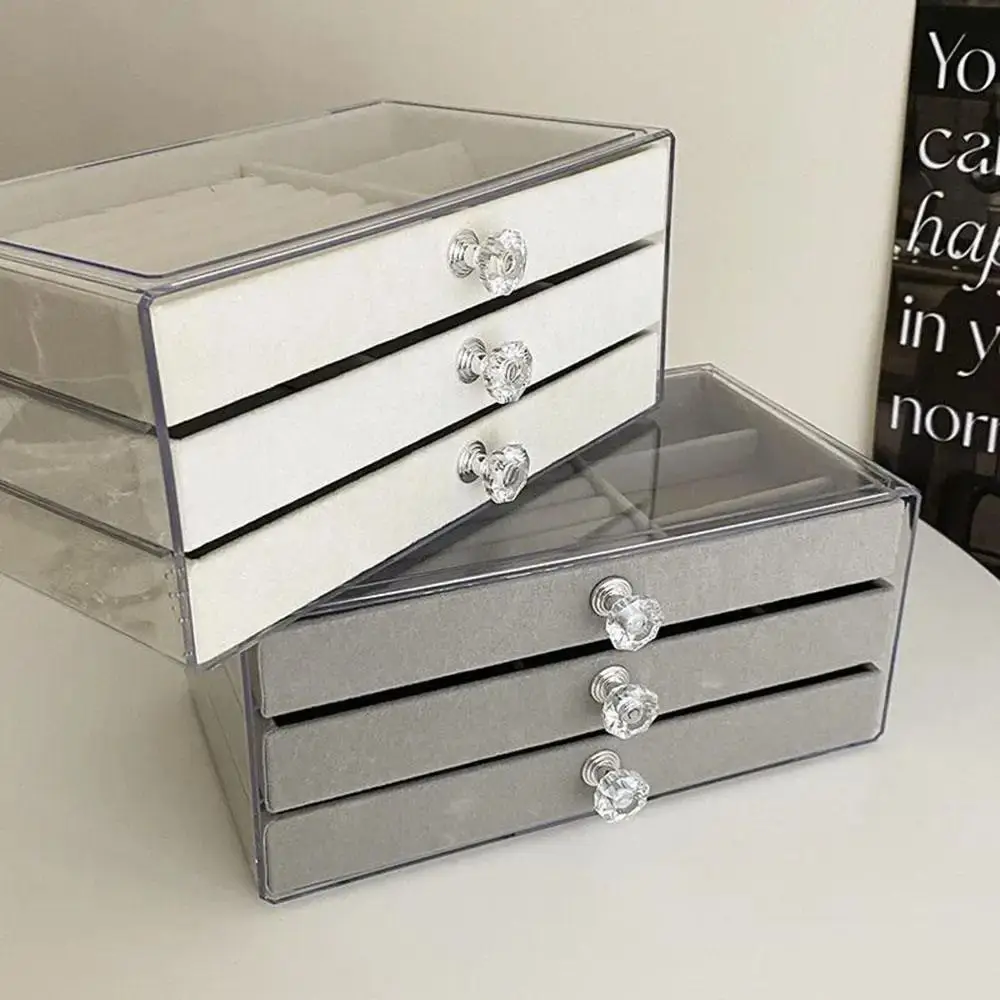 High-Capacity Flannel Jewelry Box 3-Layer Acrylic Earrings Necklaces Storage Oxidation-resistant Transparent