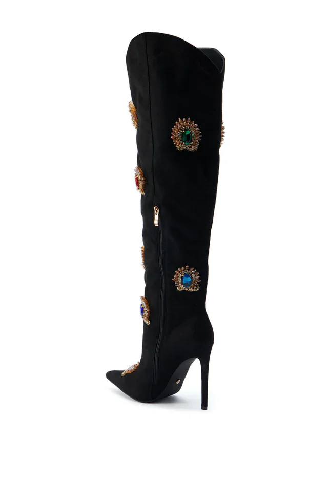 2025 Sexy Knee High Black Flock Crystal Decor Boots Stilettos High Heel Women Shoes Side Zipper Pointed Toe Zapatos Para Mujere