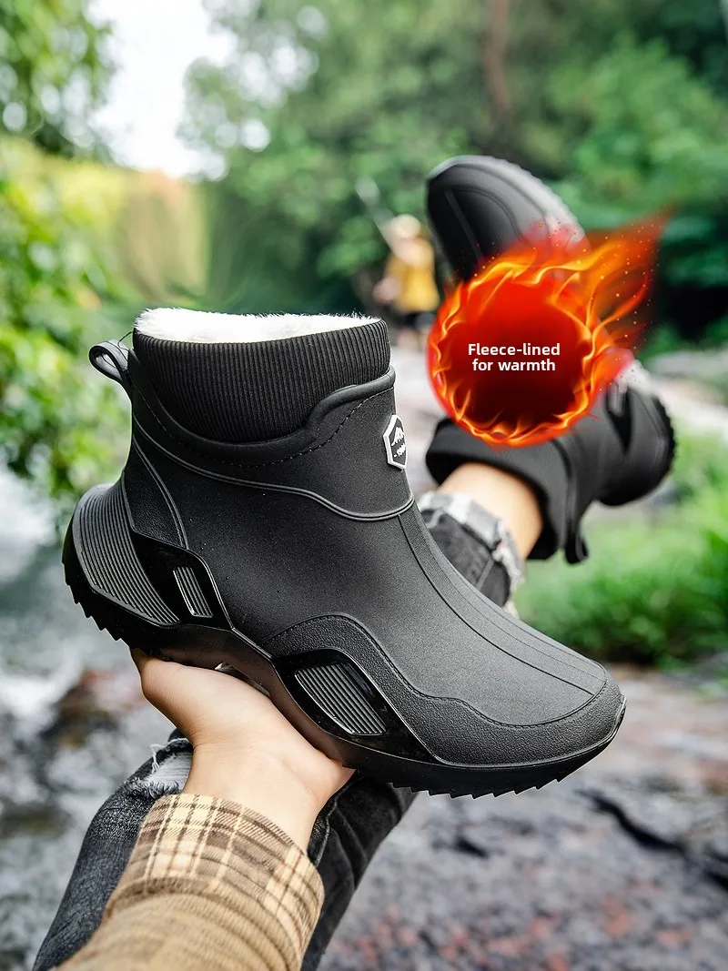 Men's Winter Fleece Lined Rubber Boots Waterproof Non Slip Outdoor Fishing Delivery  Warm Cotton Shoes Rain Boots