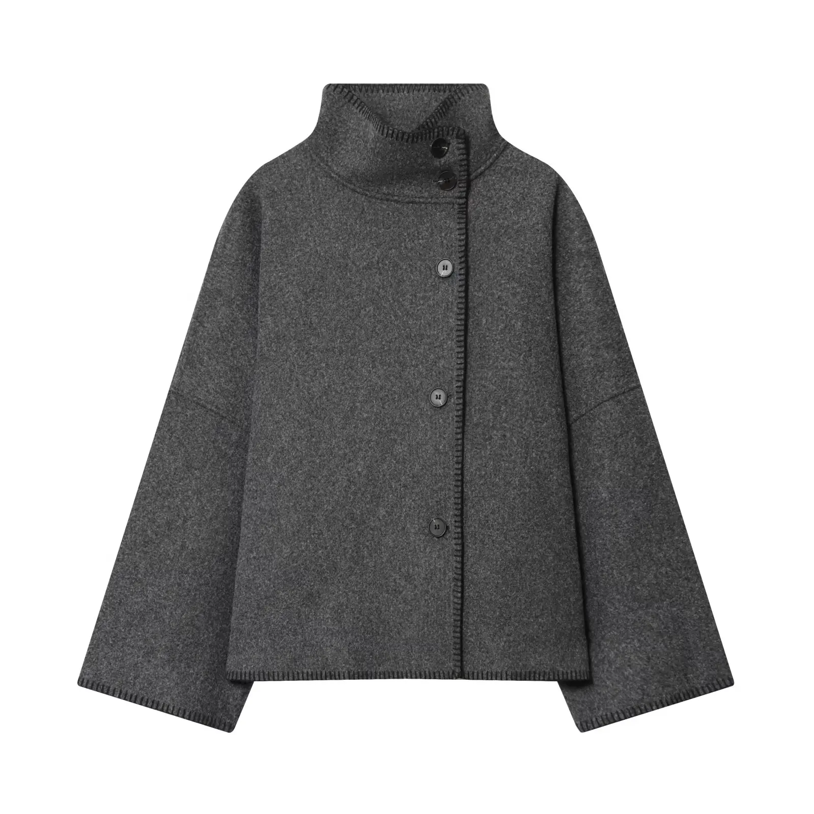 

Winter New Fashion High Collar Women Stitching Coat Retro Long Sleeve Button Loose Coat Female Outerwear