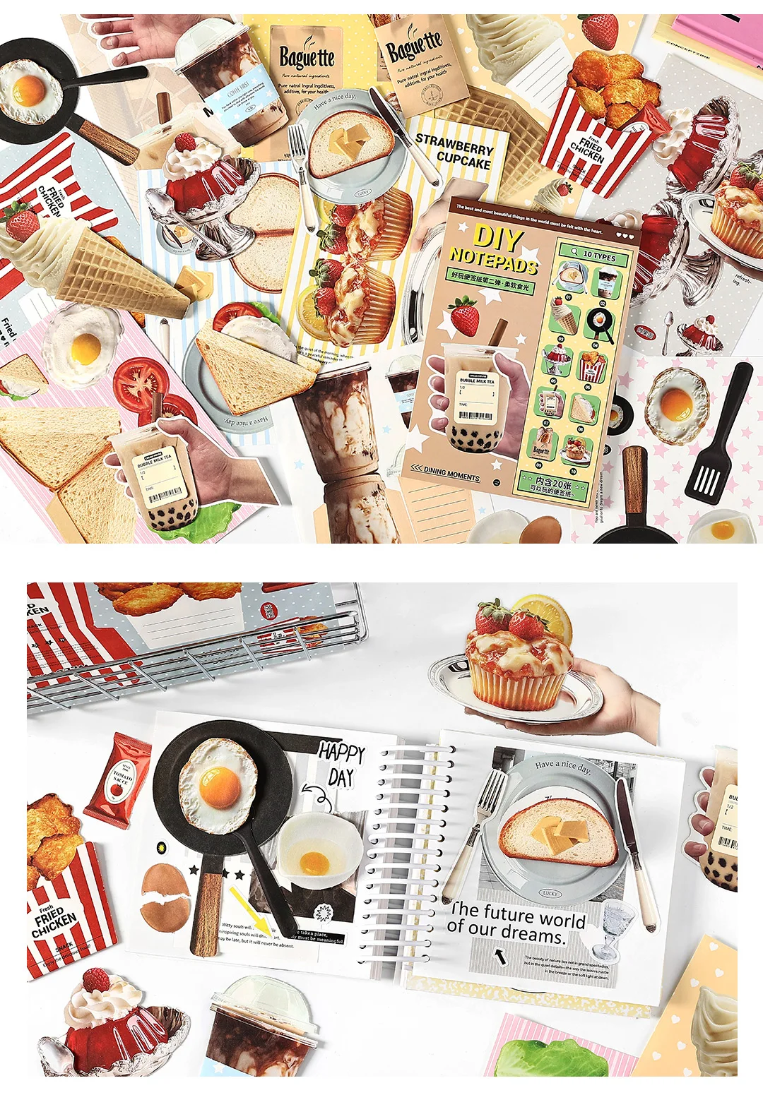 20 Blatt/Beutel, beschreibbare Haftnotizen, kreatives Muster mit Snacks, Desserts, Früchten, Alltagsmotiven, faltbare Notizen für Nachrichten und Begrüßungen – Detail 11