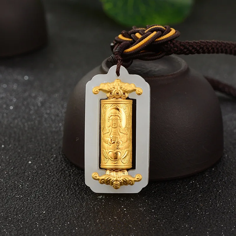 Real Hetian Jade Pendant For Women 4D Hard Gold Lucky Prayer Wheel Kwan-yin Buddha Pendants