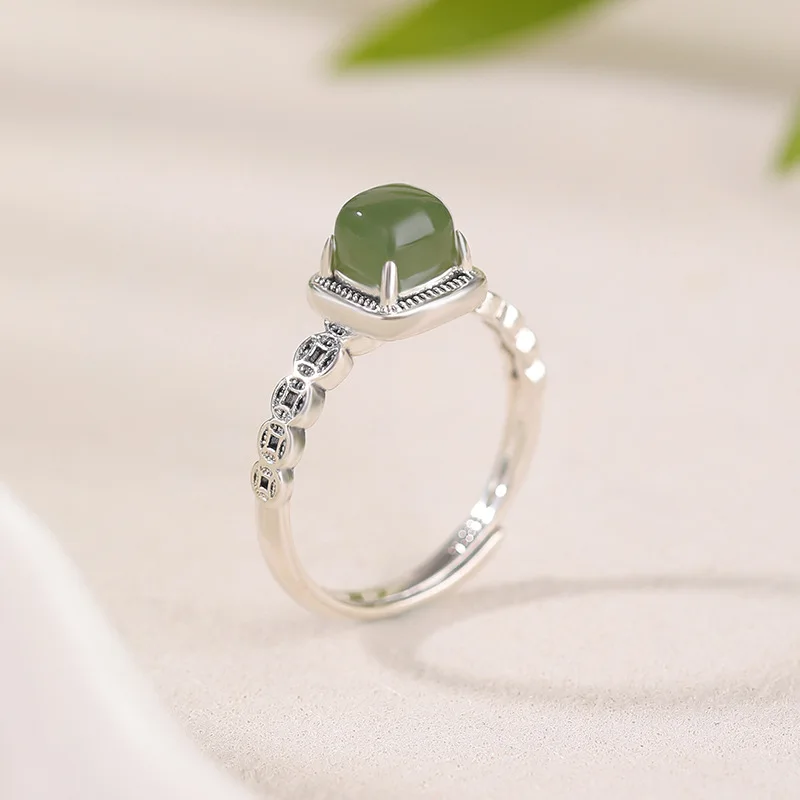 Natural Hetian S925 Sterling Silver Jade Ring With Coin-Shaped Geometric Design In Style