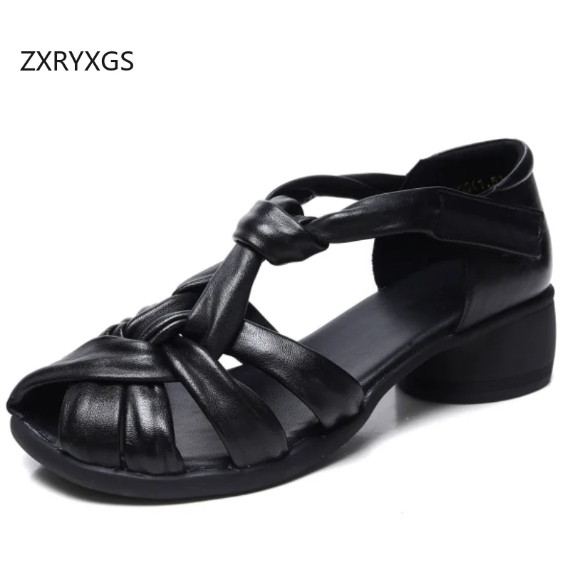 ZXRYXGS Premium Real Leather Elegant Fashion Sandals 2026 Soft Cowhide Hollow Breathable Women Banquet Sandals Summer Mid Heels