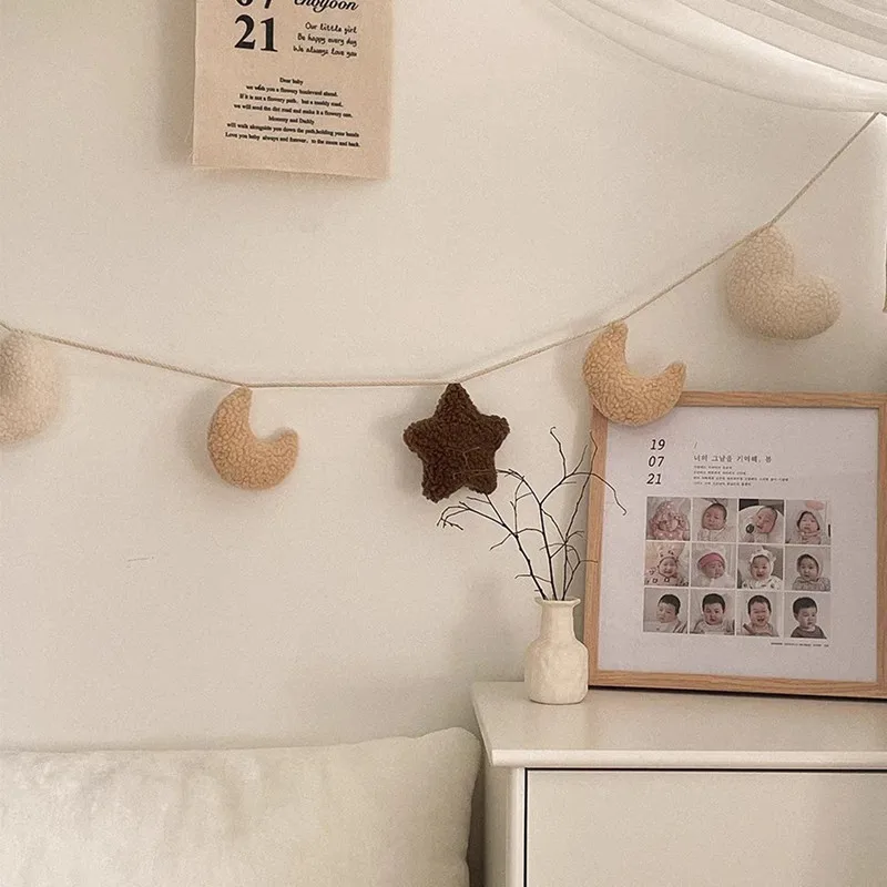 Plush Moon Star Flower Banner Flag Hanging Decoration Baby Kids Room Ornaments Fluffy Garlands String Nursery Decor Photo Props