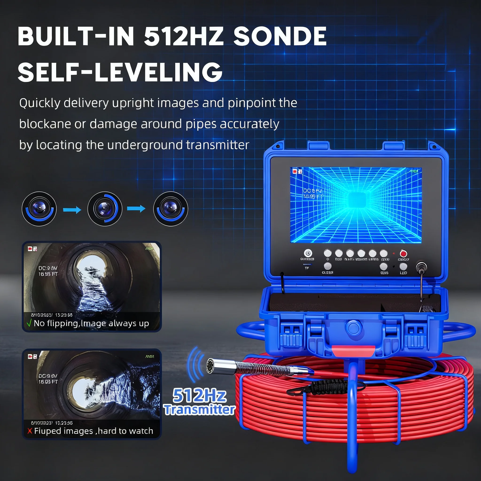 

Sewer Pipe Inspection Camera - Auto-Leveling, 512Hz Wireless Transmitter, AHD 1080P, 5X Zoom, 12 LED Lights