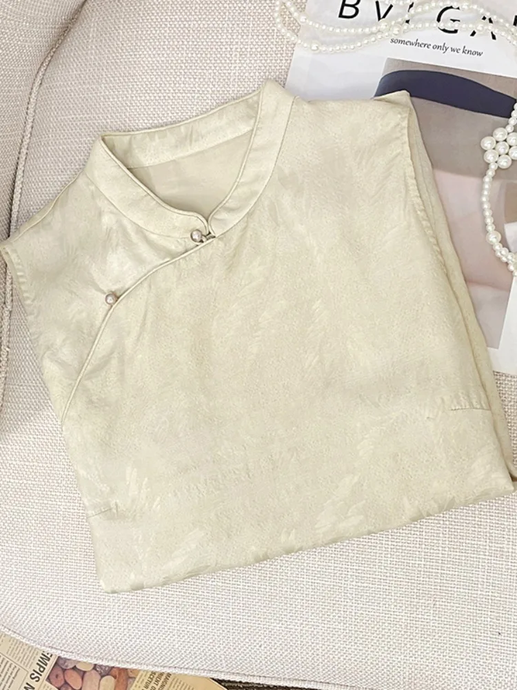 Nieuwe Chinese Sle Nationale Trend Knop Geborduurd Vest Vrouwen Zomer Ontwerp Sensatie Bovenkleding Svel Stand Kraag Top