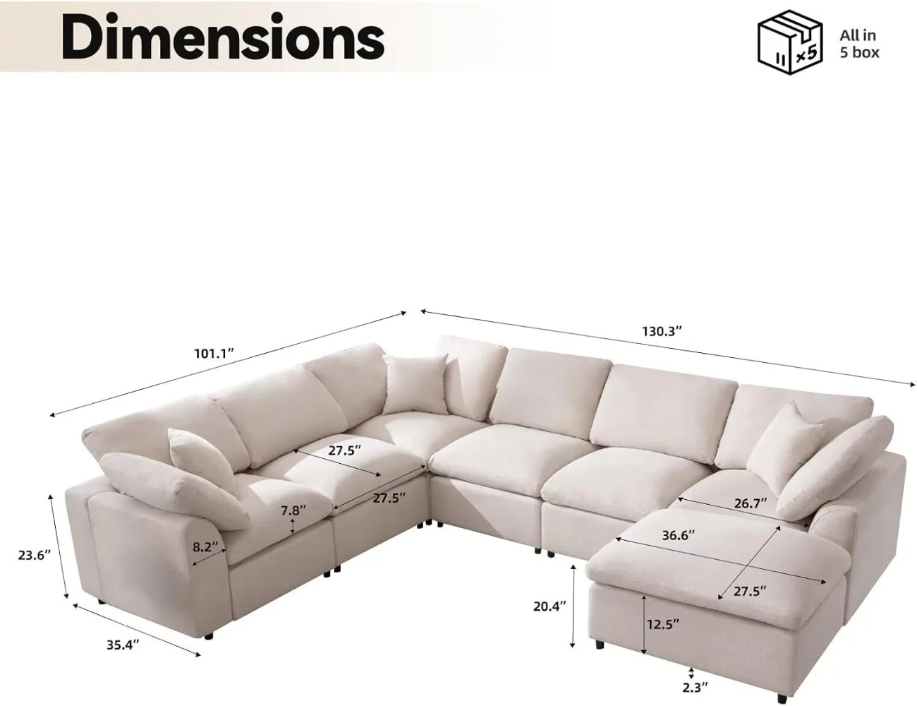 Modular Sectional Sofa Modern Oversized Chenille Cloud Couch with Movable Ottoman 7 Seater L-Shaped Sofas Comfy Couches