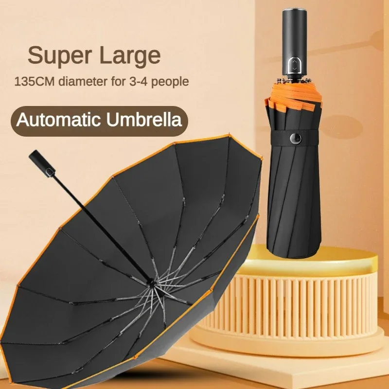 Super Large 135CM Umbrella, Fully Automatic Folding, Windproof Strong, Safety Reflective,Wind Water resistant Umbrella Men Women