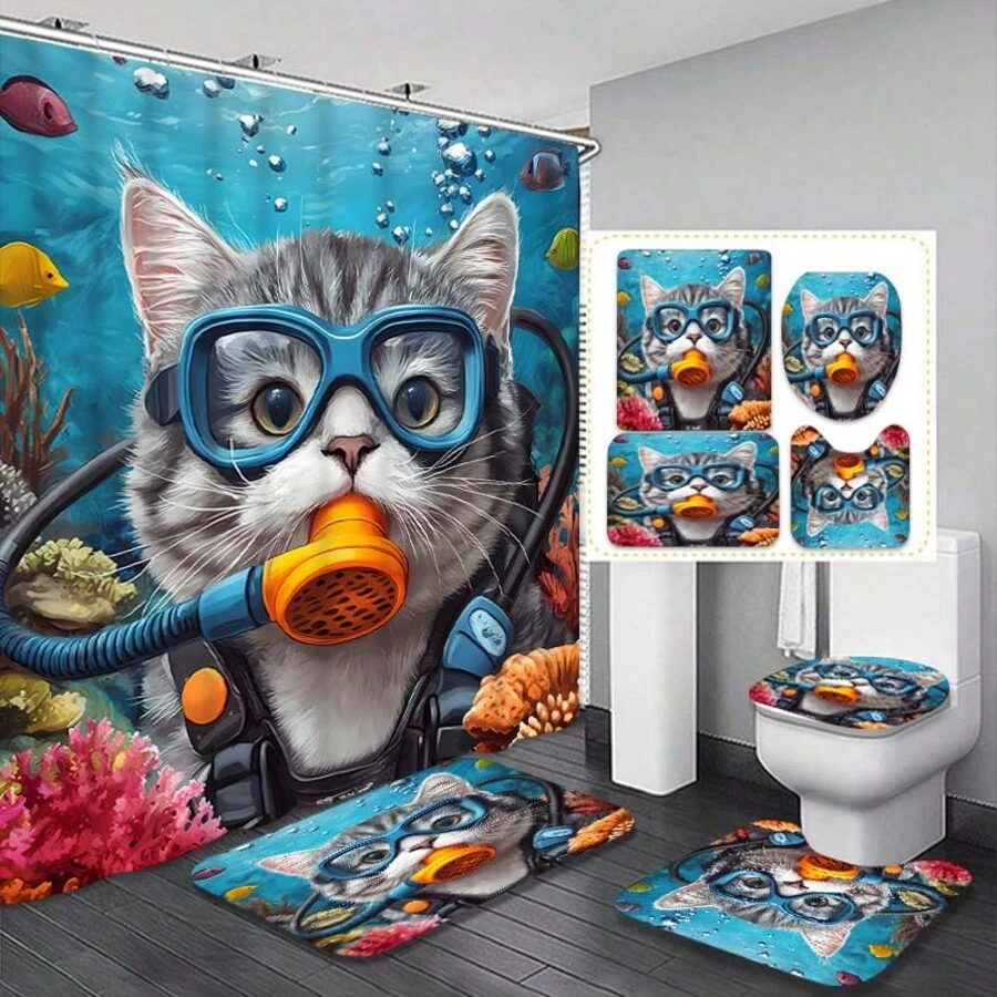 4 Piece Creative Cute Diving Cat Waterproof Shower Curtain Set, Spiritual Home Decor, Premium Bathroom Home Decor Accessorie