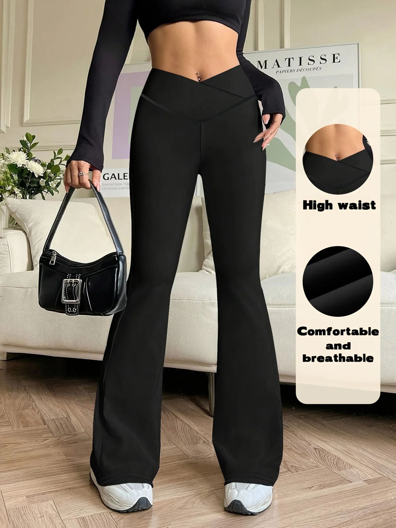 

2026 Spring Trendy Picks Black Women's Cross High Waist Floor-Length Flare Pants Stretchy Slim Fit Casual Daily Wear Trousers