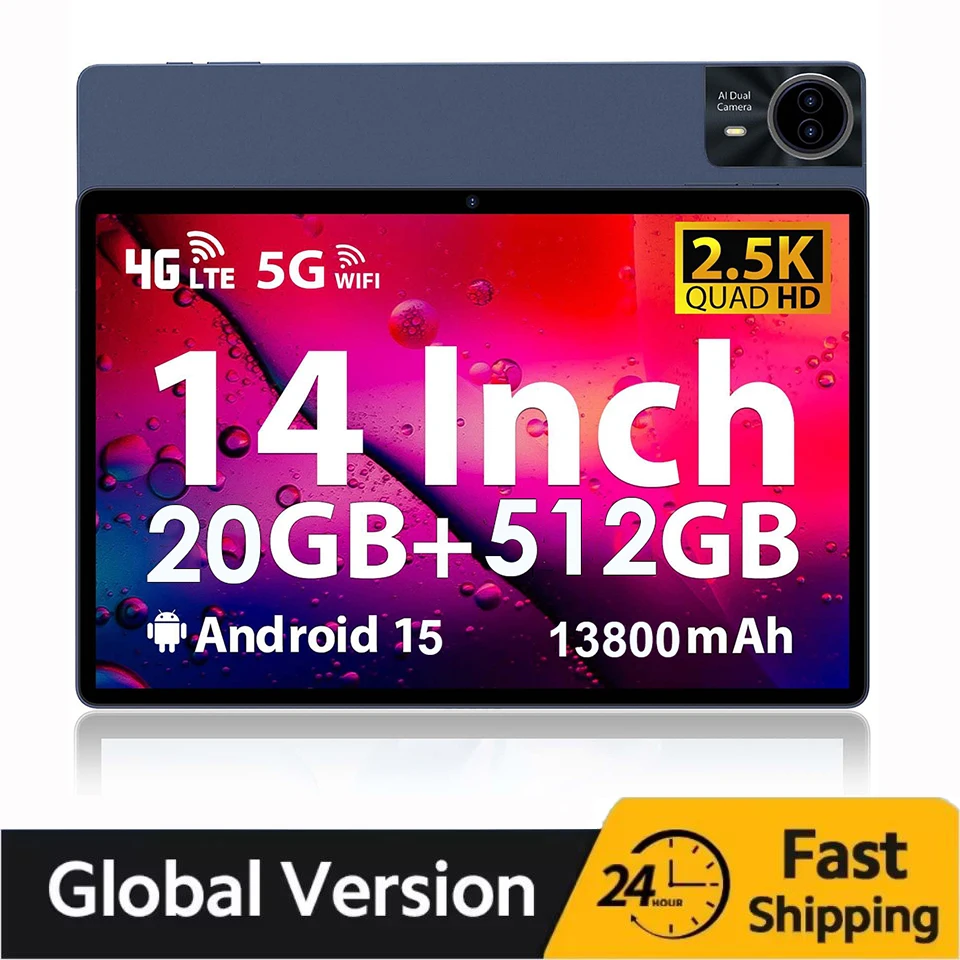 Pantalla súper grande, tableta PC Android 15 de 14 pulgadas, 20GB, 512GB, llamada telefónica BT5.0, 5G, WiFi, GPS, Google Play, pestañas, almohadillas, idioma Global