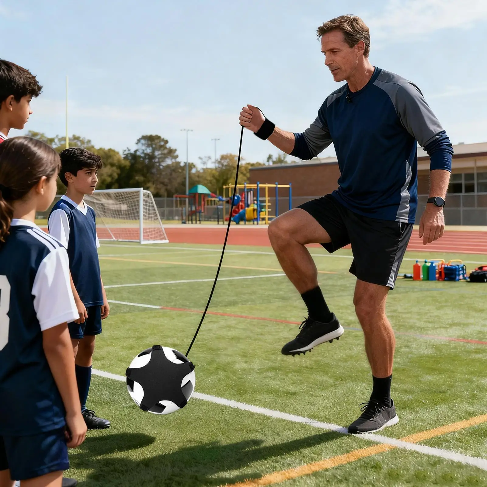 

Тренажер для отработки ударов в футболе с регулируемым ремешком на запястье, тренировочный инструмент для мальчиков и девочек, для использования в помещении и на улице