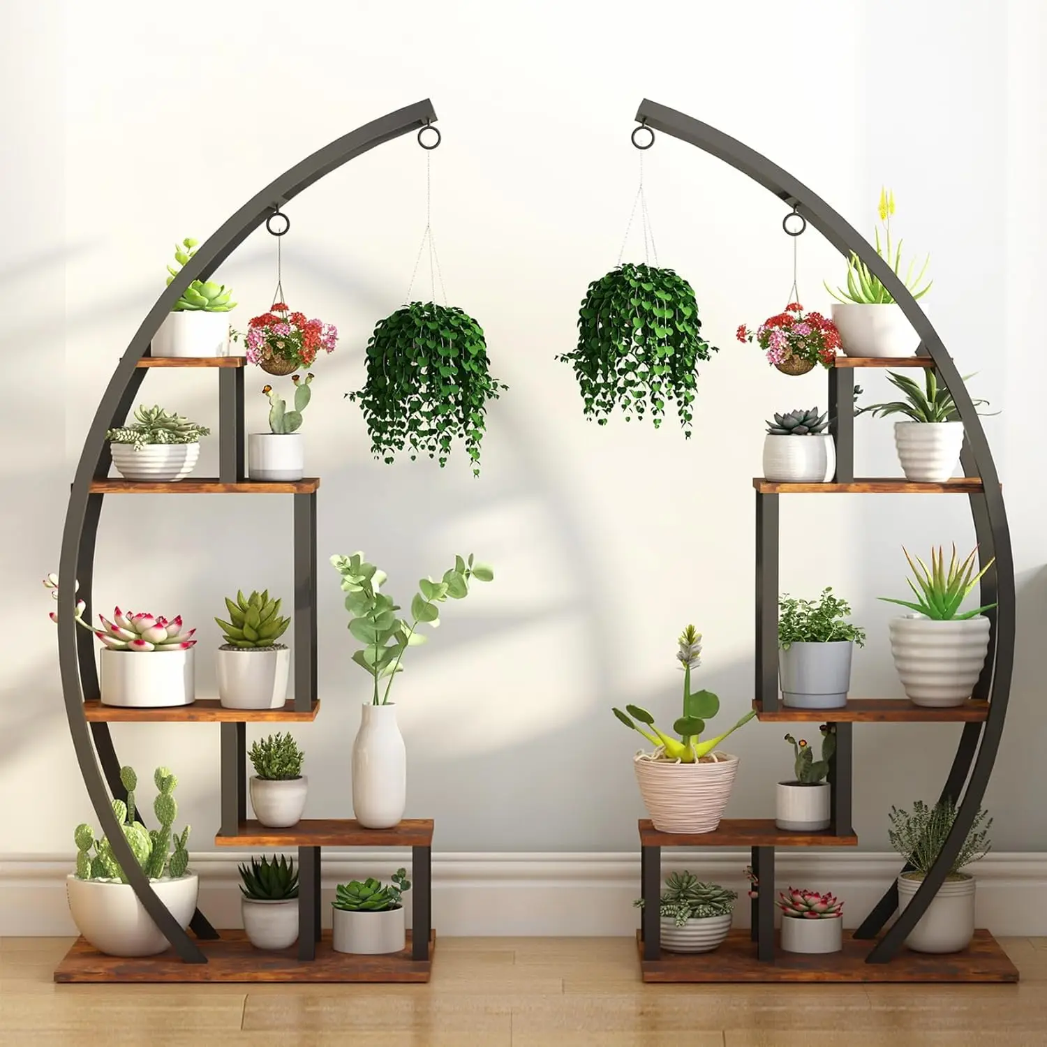 

5 Tier Half Moon Metal Plant Stand Flower Shelf with 4 Hooks Balcony Living Room Garden Decor Brown 2 Pack, Customized