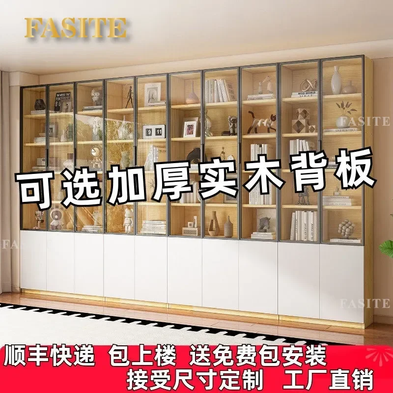 For Solid Wood Bookcase with Glass Door Whole Wall Floor to Ceiling Bookshelf Display Cabinet Wine Cabinet Living Room Figure