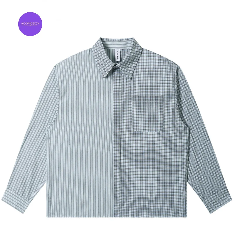ACOMOSON EU US Size Luxury Plaid Color-Block Long-Sleeve Shirt Unisex Loose-Fit Business Office Casual Cotton Work Shirt