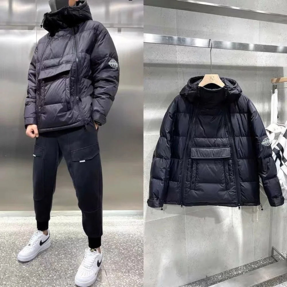 Tactical Double Zip Jacket Hooded Parkas Men Winter Down Cotton Coat Black Pullover Glossy Padded Jackets Casual Warm Outerwear