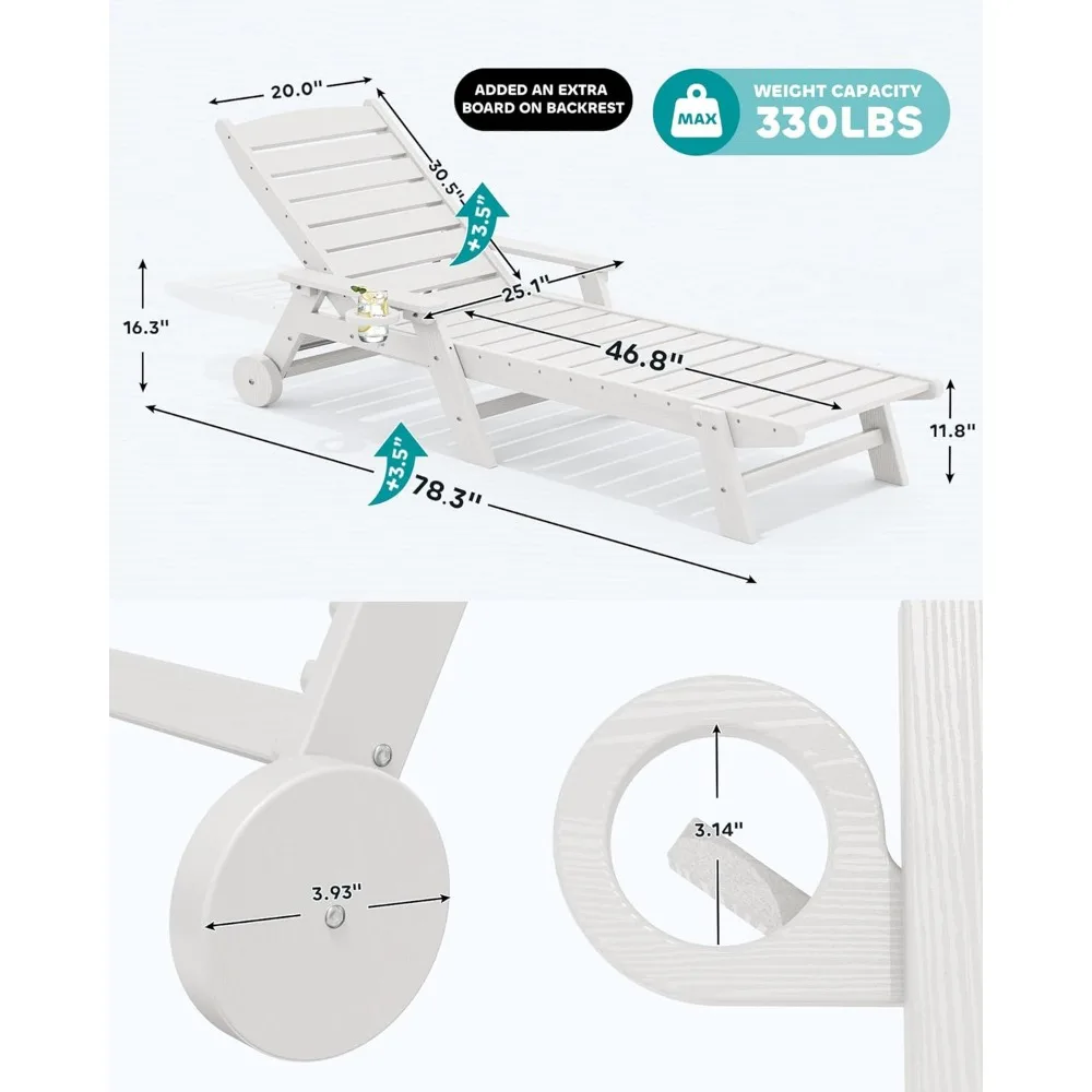 Espreguiçadeira externa ajustável, 78 longas HDPE 5 posições espreguiçadeira de pátio com rodas giratórias, material poli para relaxar confortável