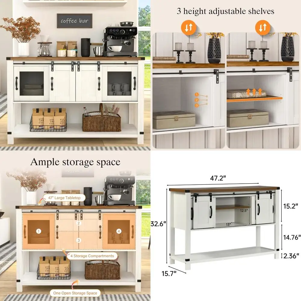 Farmhouse Style Coffee Bar Cabinet with Sliding Door Storage, 47-Inch White Buffet Table for Coffee Enthusiasts