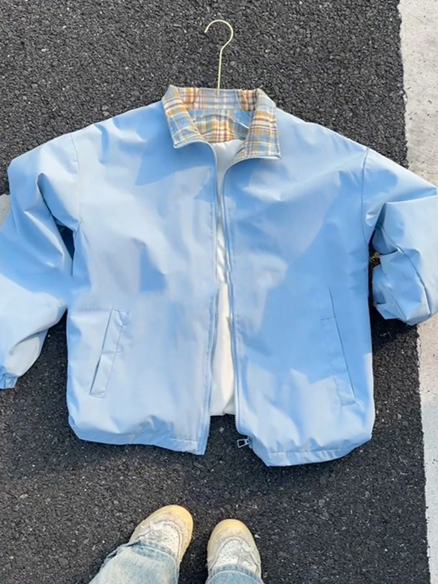 

Fitche Blue Plaid Splice Flight Jaet Men's ort Sle Spring Outerwear Polyester Fiber Zipper Closure Casual Jaet