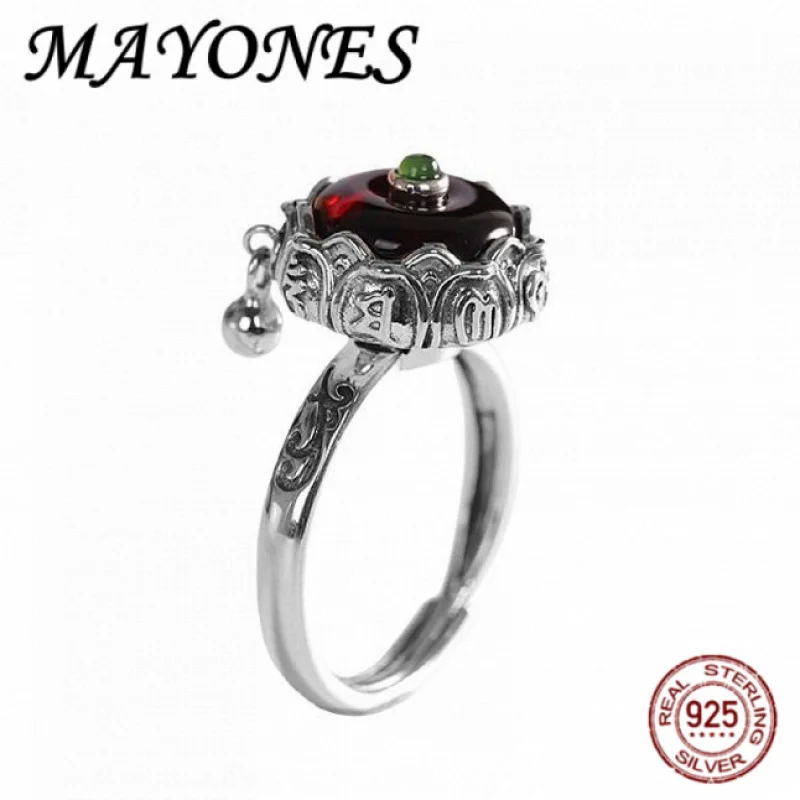 

NEW S925 Silver Natural Blood Lotus Tassel Ring Rotatable Fashionable Women's Lucky Jewelry Gift