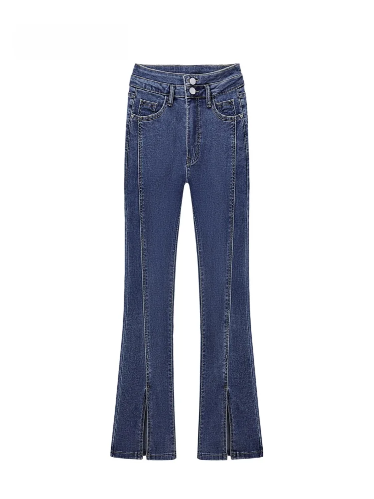 

High Waist Casual Denim Jeans Women Slim Fit Split Leggings JZZDEMM Simple Sle Summer Autumn Deep Color Ladies Jeans