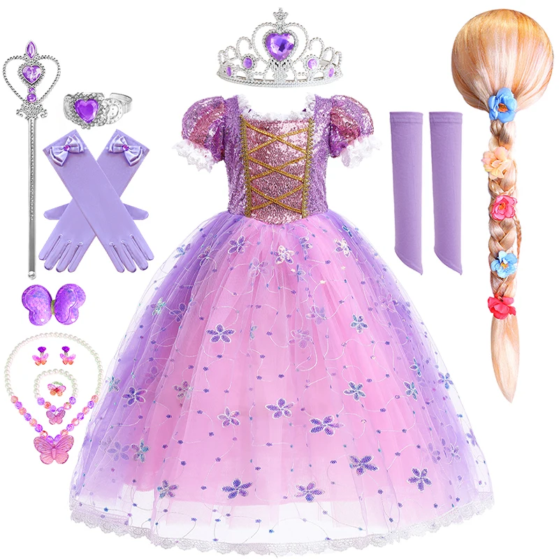 Halloween Children Shiny Tangled Rapunzel Costume Carnival Girls Sequin Puff Sleeve Elegant Sofia Princess Birthday Party Dress