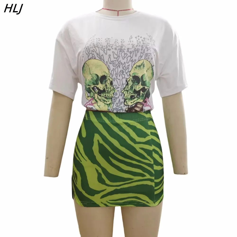 HLJ Fashion Y2K Streetwear Women Pattern Print Round Neck Short Sleeve Tshirt And Mini Skirts Two Piece Sets Summer 2pcs Outfits