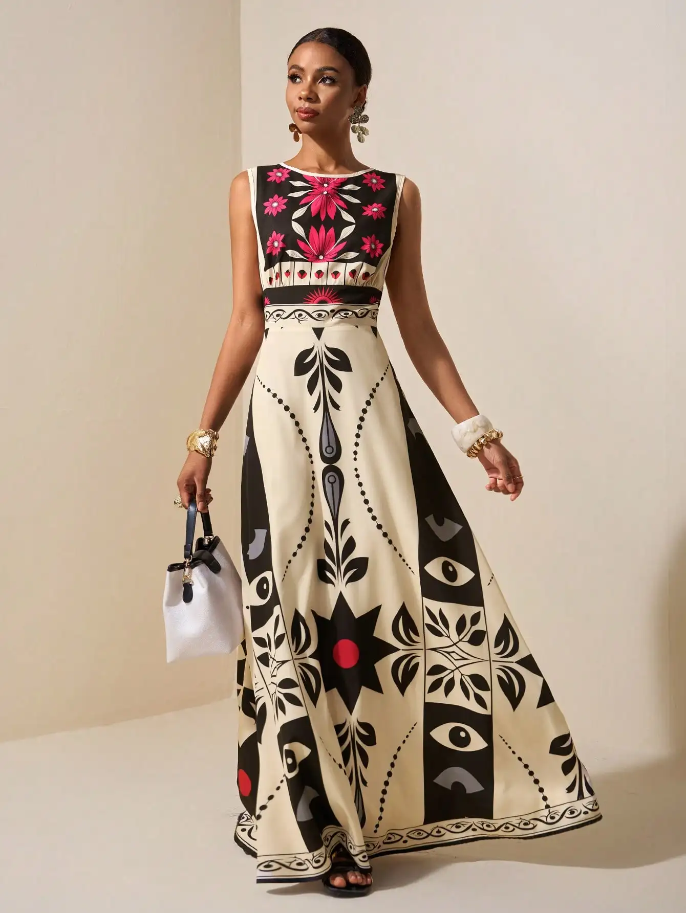 

Sleeveless Maxi Dress with Bold Floral and Abstract Print, Boho Style, Flowy Fit