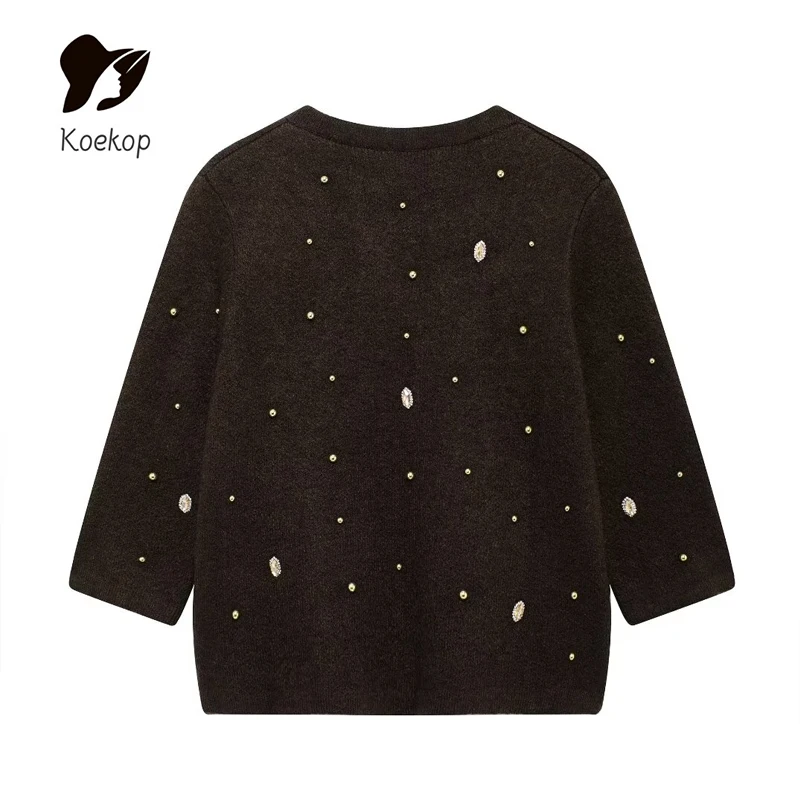 Koekop Women's Fashion Solid Color Single Breasted Jewelry Embellished Short Jacket Vintage Casual Women's Chic Lady Jacket