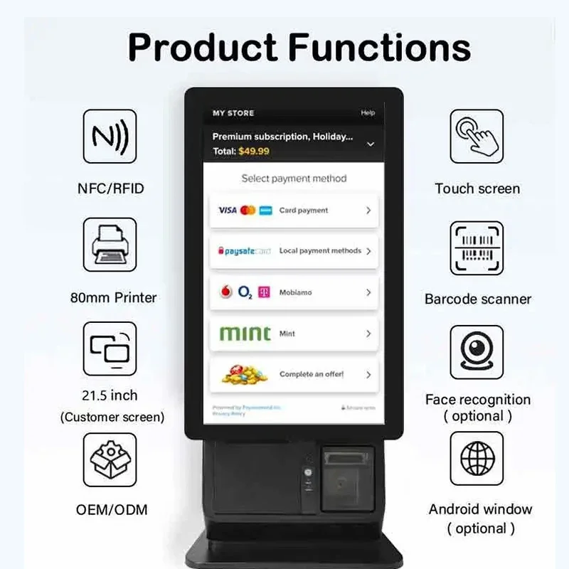 Pos Machine Windows 10 21.5'' Pos Terminal All in One Pos System Kiosk Touch Screen With Thermal Printer Support 1D+2D Code