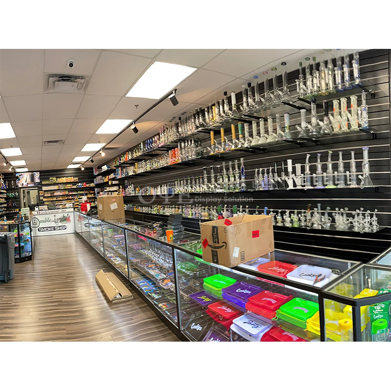 

custom.Black Design Showcase Retail Display 3 Shelves Glass Display Cases Smoke Shop Products