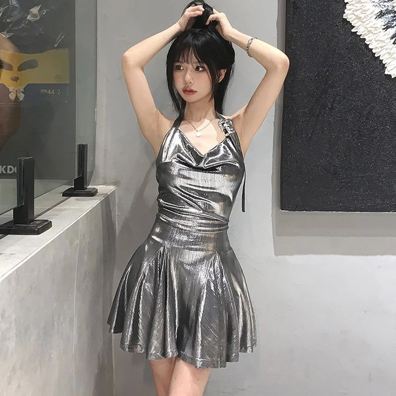 Silver Matte Retro Bright Party Sexy Women's Hanging Neck Pleated A-Line Dress