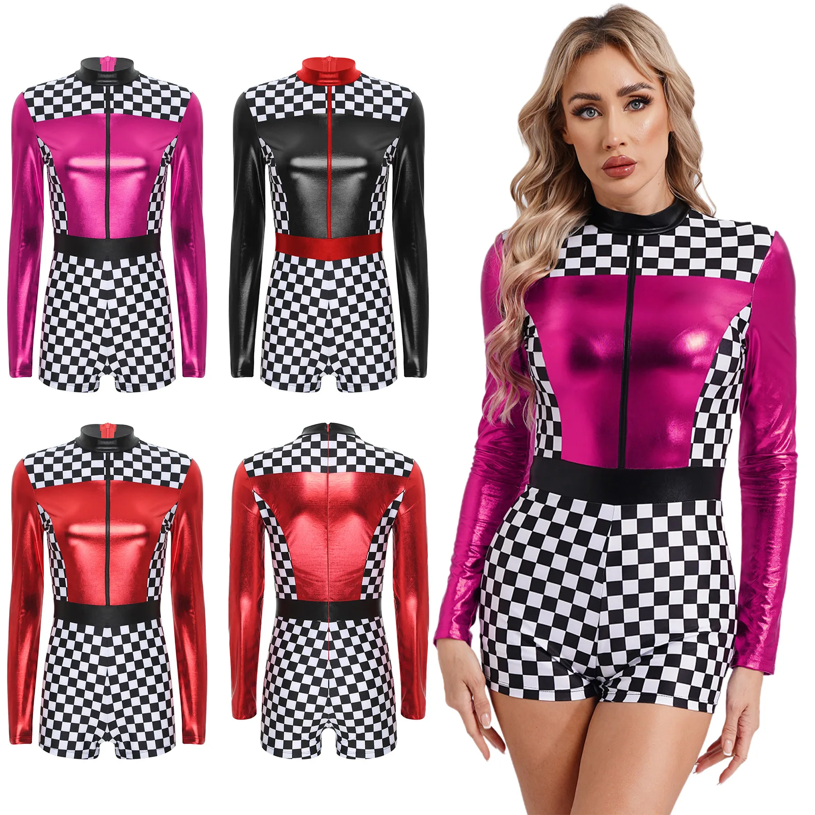 Womens Racer Car Driver Costume Romper Bodysuit Long Sleeve Boyshorts Checkerboard Print Leotard Jumpsuit Halloween Cosplay