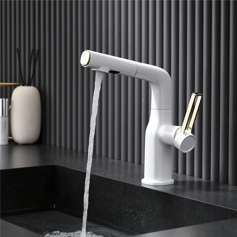 Basin Faucets Brass Hot & Cold Bathroom Sink Mixer Taps Liftable Pull Out Type Two Outlet Modes White Gold/Black/Gun Grey/Chrome